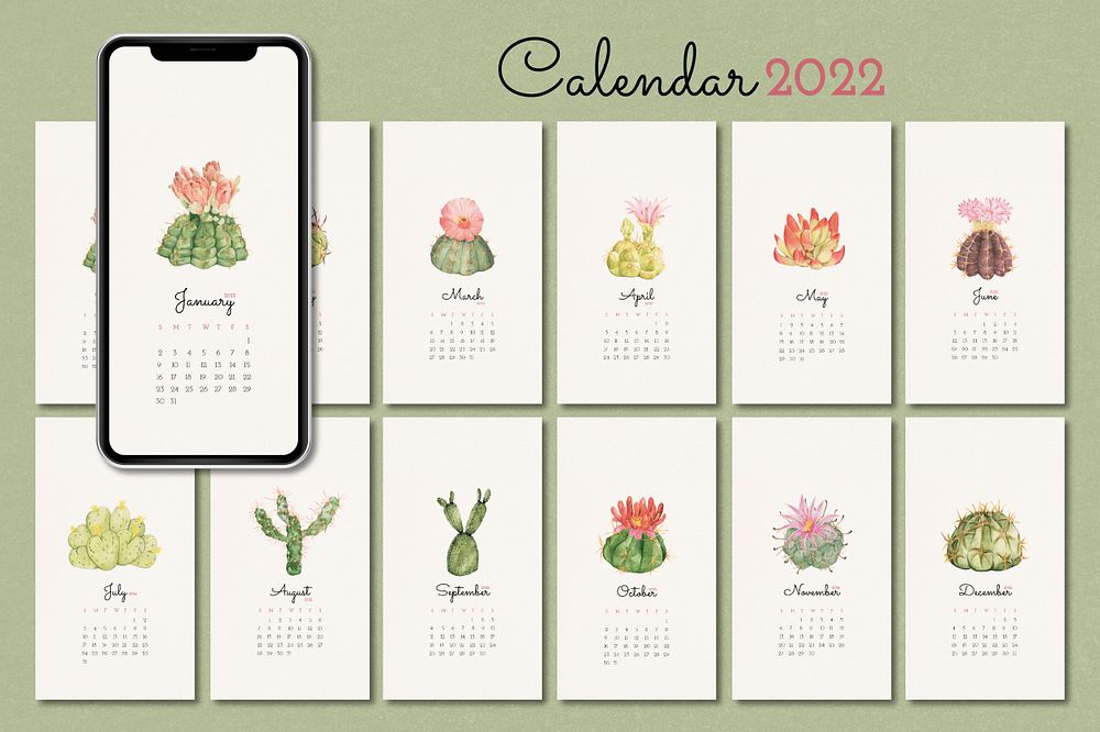 2022 monthly calendar template, cactus illustration mobile wallpaper set psd