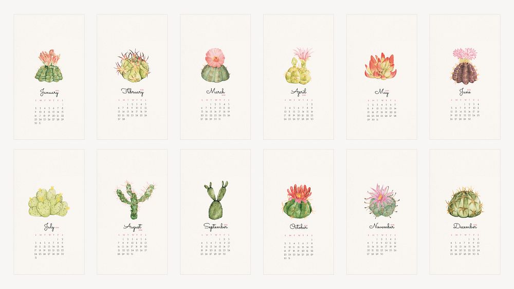 2022 monthly calendar template, cactus illustration mobile wallpaper set psd