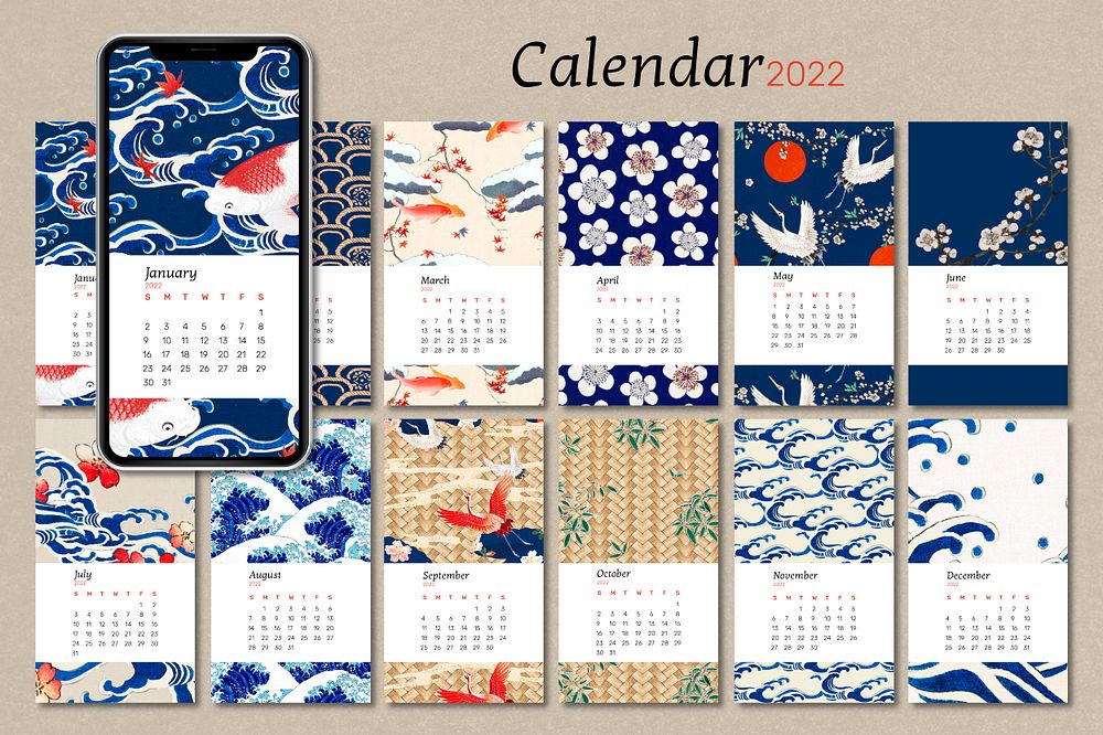 2022 monthly calendar template psd, Japanese pattern mobile wallpaper set. Remix from vintage artworks by Watanabe Seitei
