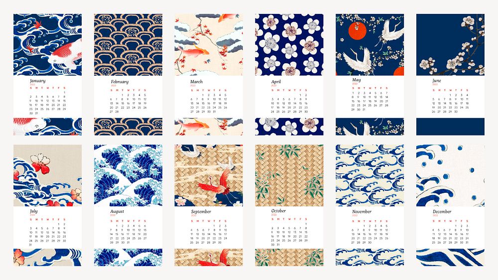 Japanese 2022 monthly calendar template psd, mobile wallpaper set. Remix from vintage artworks by Watanabe Seitei