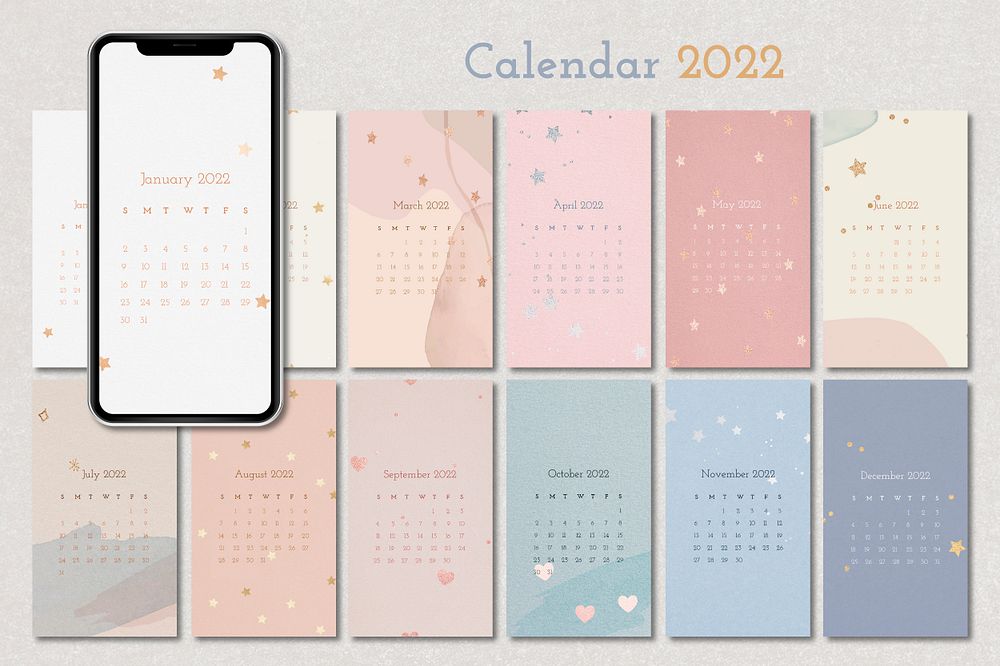 Cute 2022 monthly calendar template psd, mobile wallpaper set