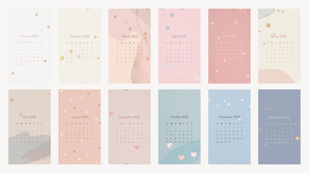 Cute 2022 monthly calendar template psd, mobile wallpaper set