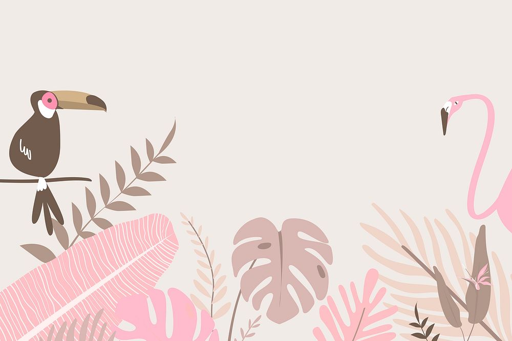 Pink botanical border frame, tropical background with toucan and flamingo vector