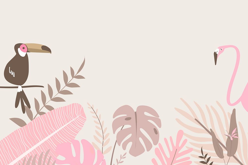 Pink botanical border frame, aesthetic tropical background with toucan and flamingo psd