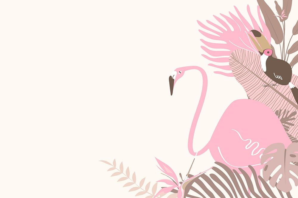 Pink botanical border frame, tropical background with toucan and flamingo vector