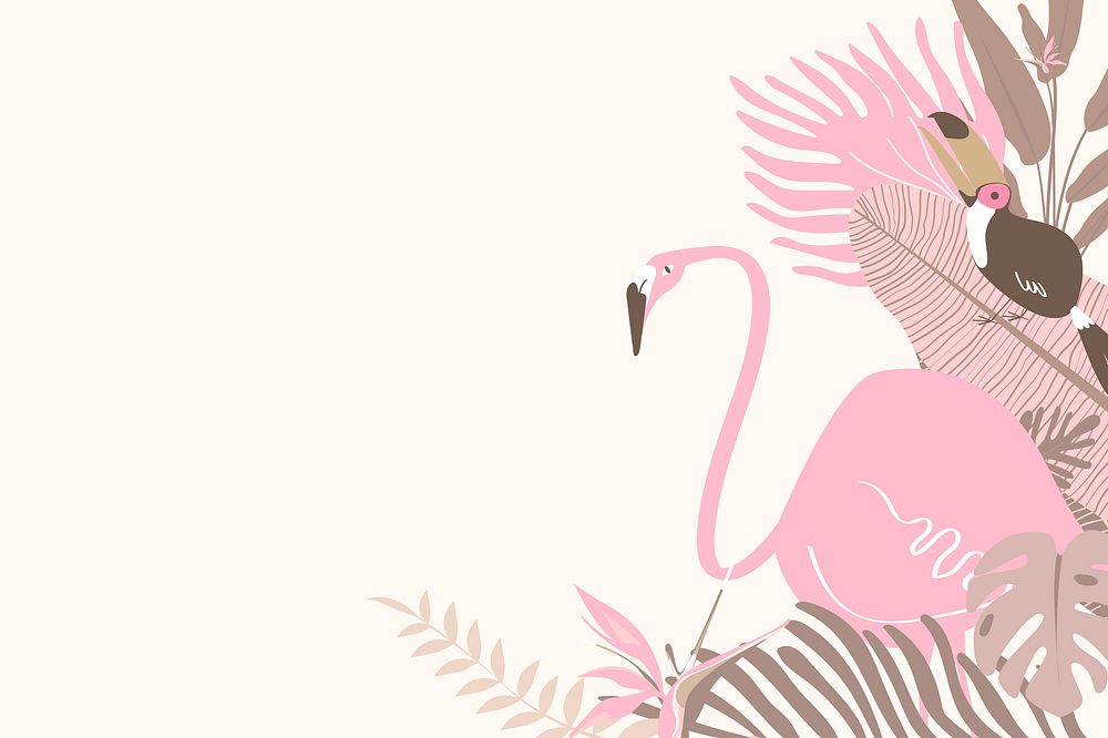 Pink botanical border frame, aesthetic tropical background with toucan and flamingo psd