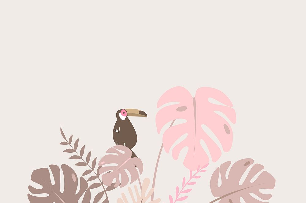 Pink botanical border frame, aesthetic tropical background with toucan vector
