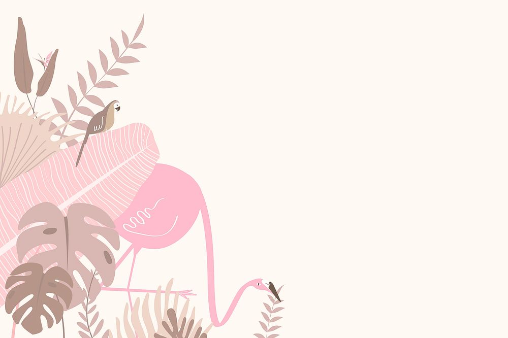 Pink botanical flamingo background with tropical leaves and copy space 