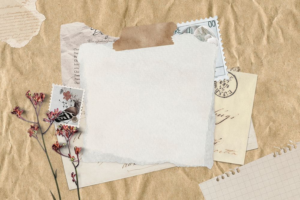 Torn paper note collage on Kraft paper texture background 