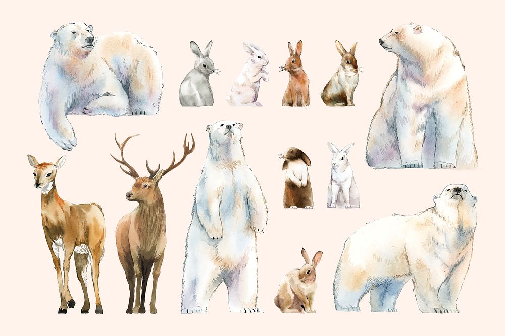 Watercolor animal sticker, winter wildlife illustration set psd