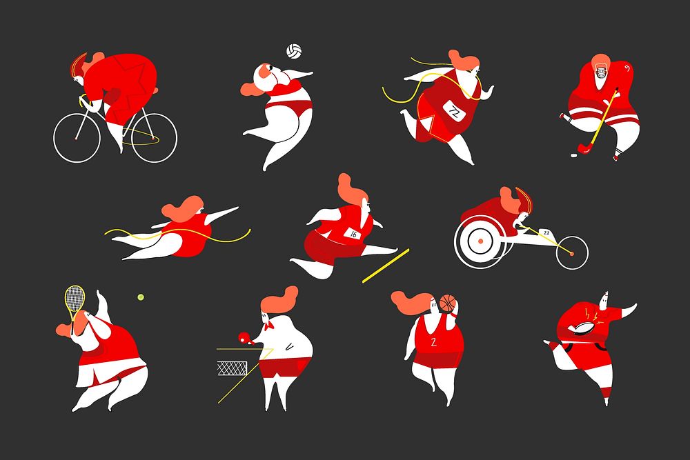 Athletes sticker, sports player character doodle set vector