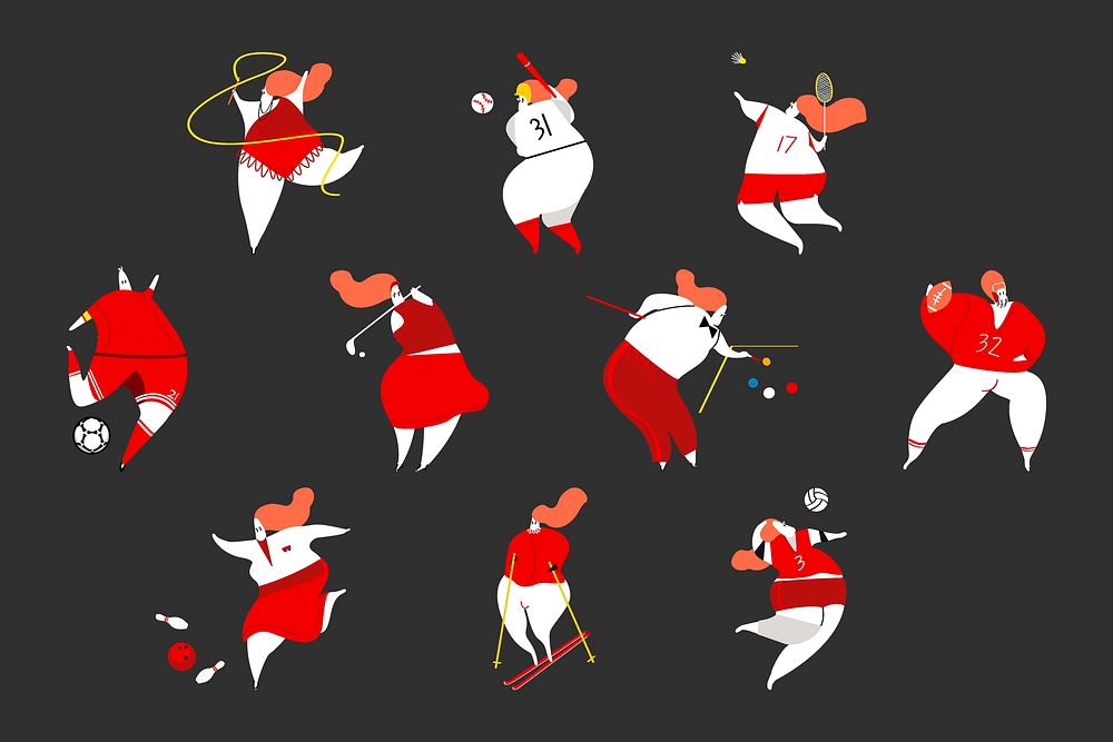 Athletes sticker, sports player character doodle set psd