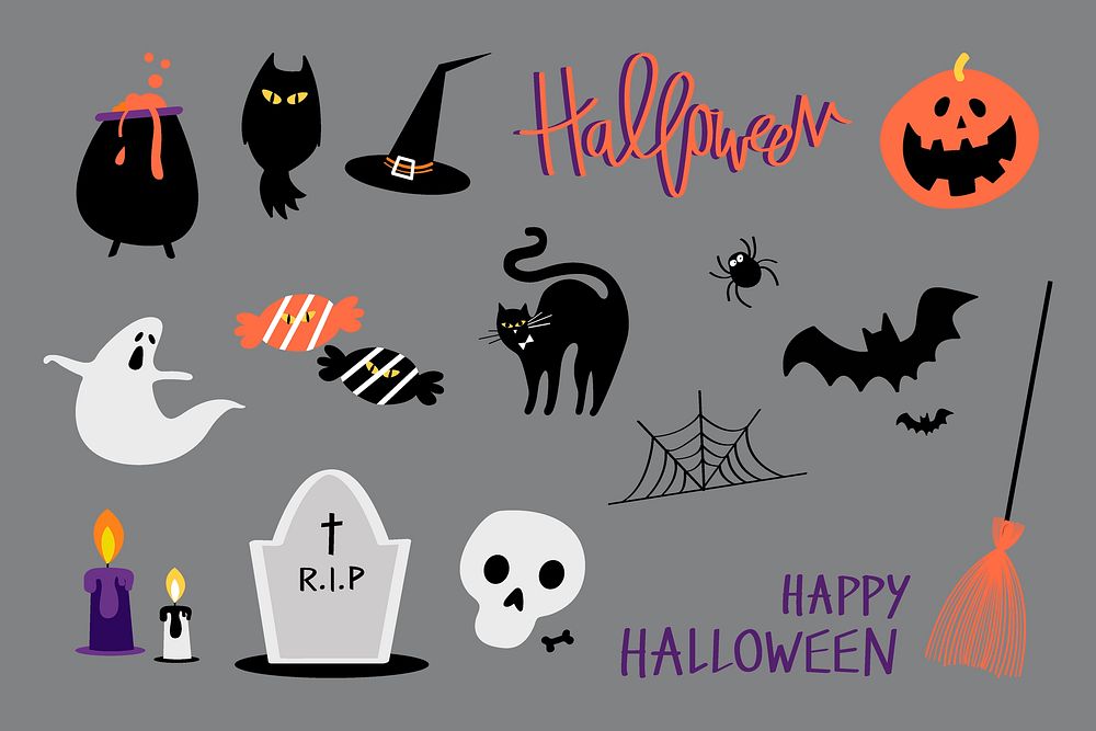 Halloween doodle sticker, spooky season celebration set vector