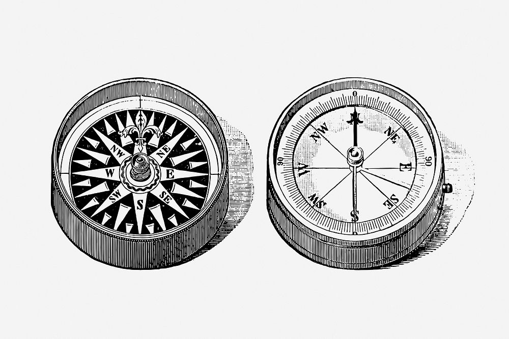 Antique compass, travel object illustration. Free public domain CC0 graphic