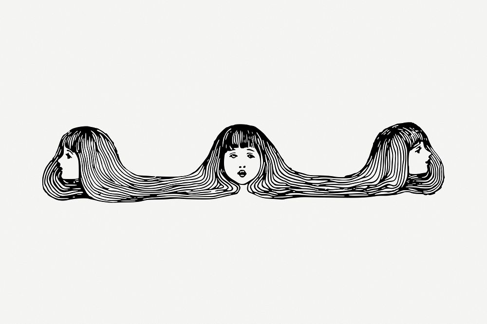 Long hair girl border drawing, vintage illustration psd. Free public domain CC0 image.