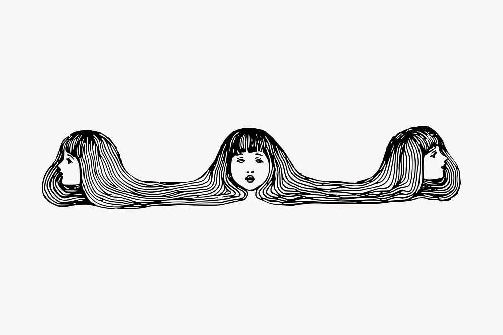 Long hair girl border clipart, vintage illustration vector. Free public domain CC0 image.