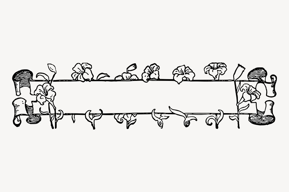 Flower ribbon banner line art clipart, vintage illustration vector. Free public domain CC0 image.