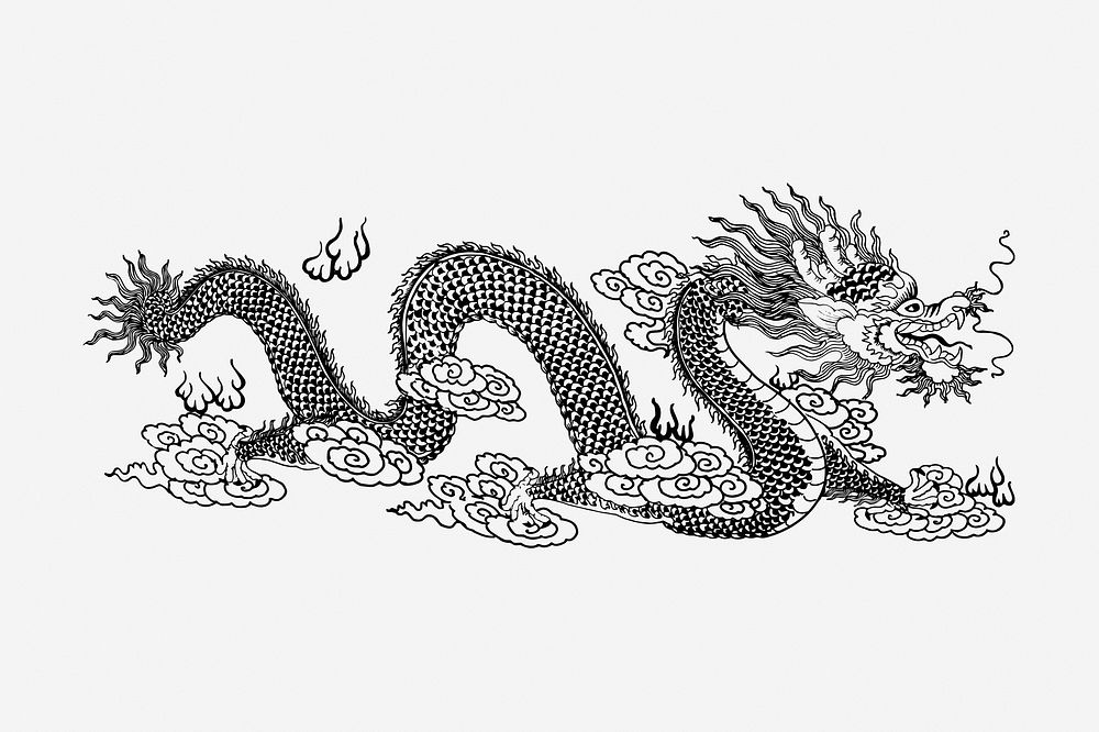 Asian dragon hand drawn illustration. Free public domain CC0 image.