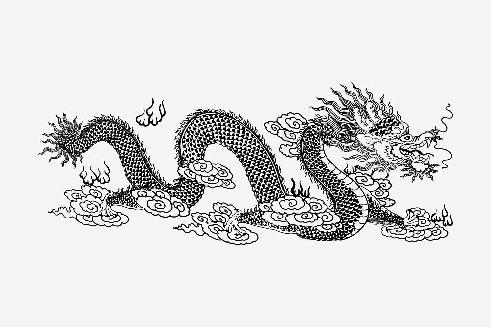 Asian dragon collage element, vintage illustration psd. Free public domain CC0 image.
