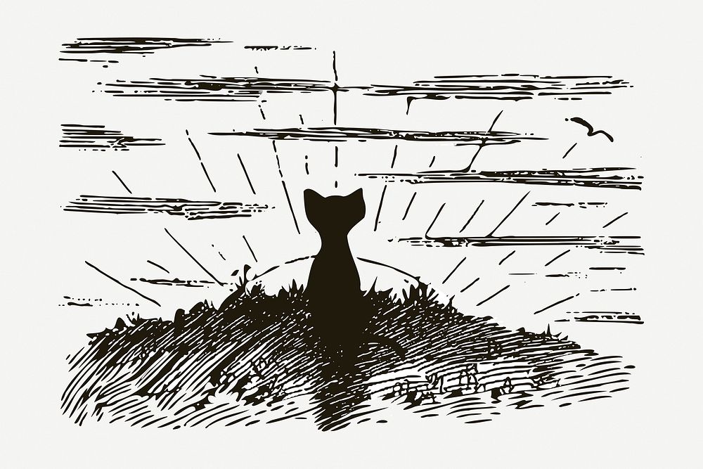 Cat watching sunrise, vintage animal drawing psd. Free public domain CC0 image.