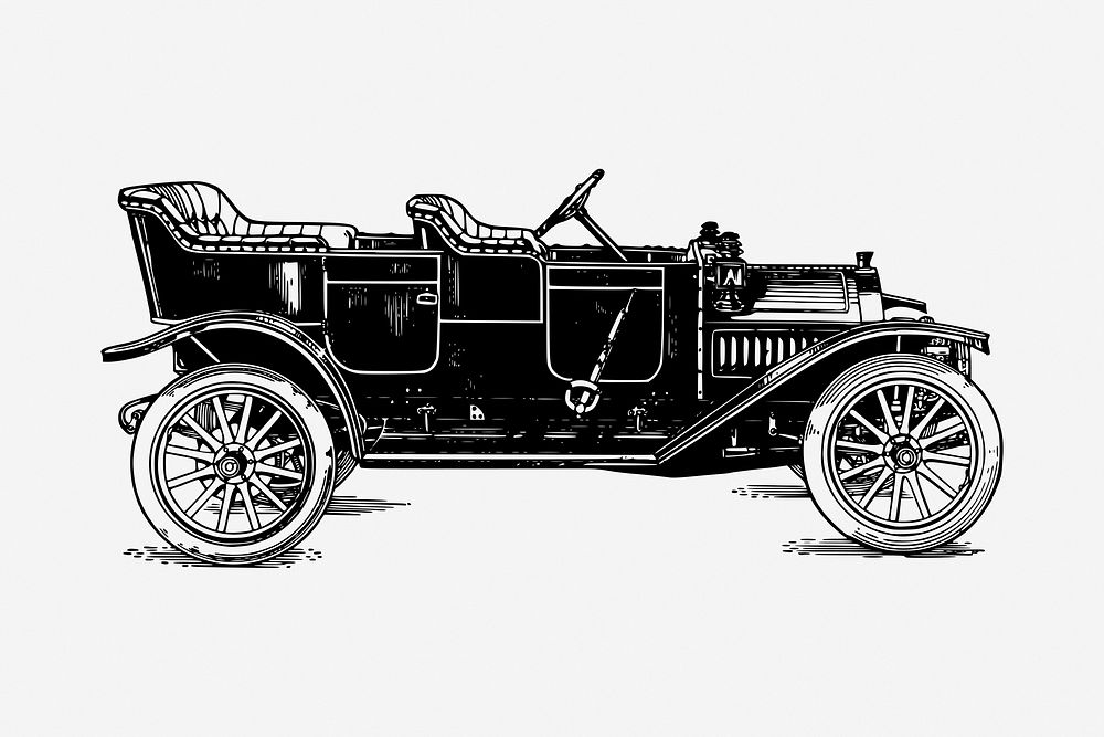 Old convertible car drawing, vehicle illustration. Free public domain CC0 image.