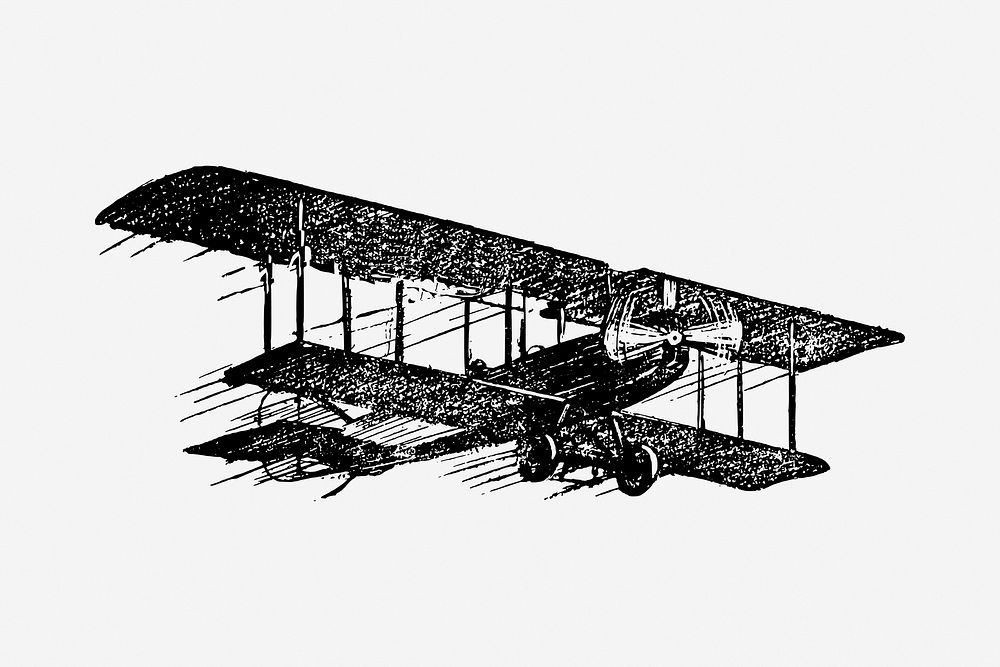 Vintage old airplane, biplane transportation hand drawn illustration. Free public domain CC0 image.