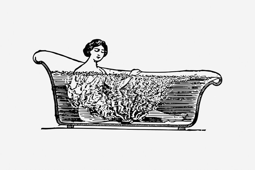 Woman taking bath hand drawn illustration. Free public domain CC0 image.