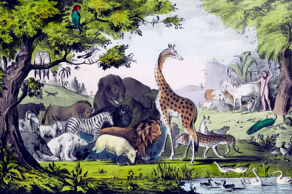 Adam naming animals background, vintage illustration. Free public domain CC0 image.