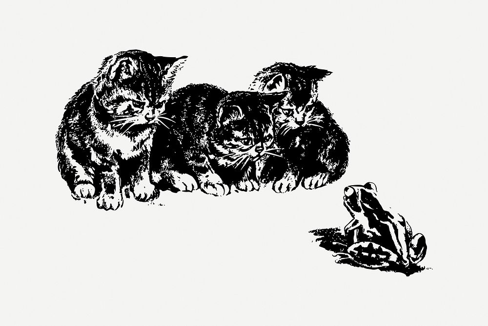 Kittens watching frog drawing, vintage animal illustration psd. Free public domain CC0 image.