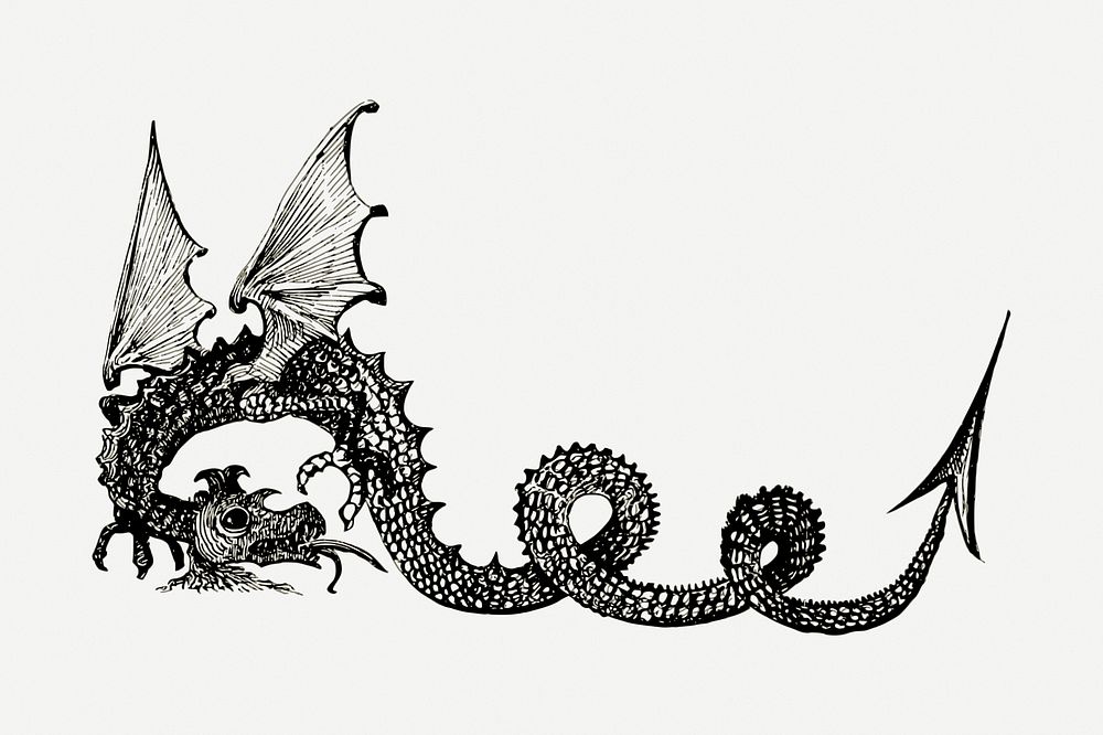 Dragon drawing clipart, mythical animal illustration psd. Free public domain CC0 image.