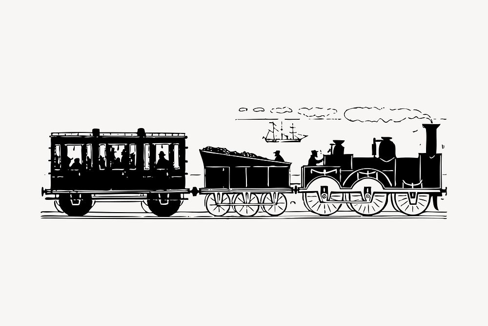 Vintage train hand drawn clipart, transport illustration vector. Free public domain CC0 image.