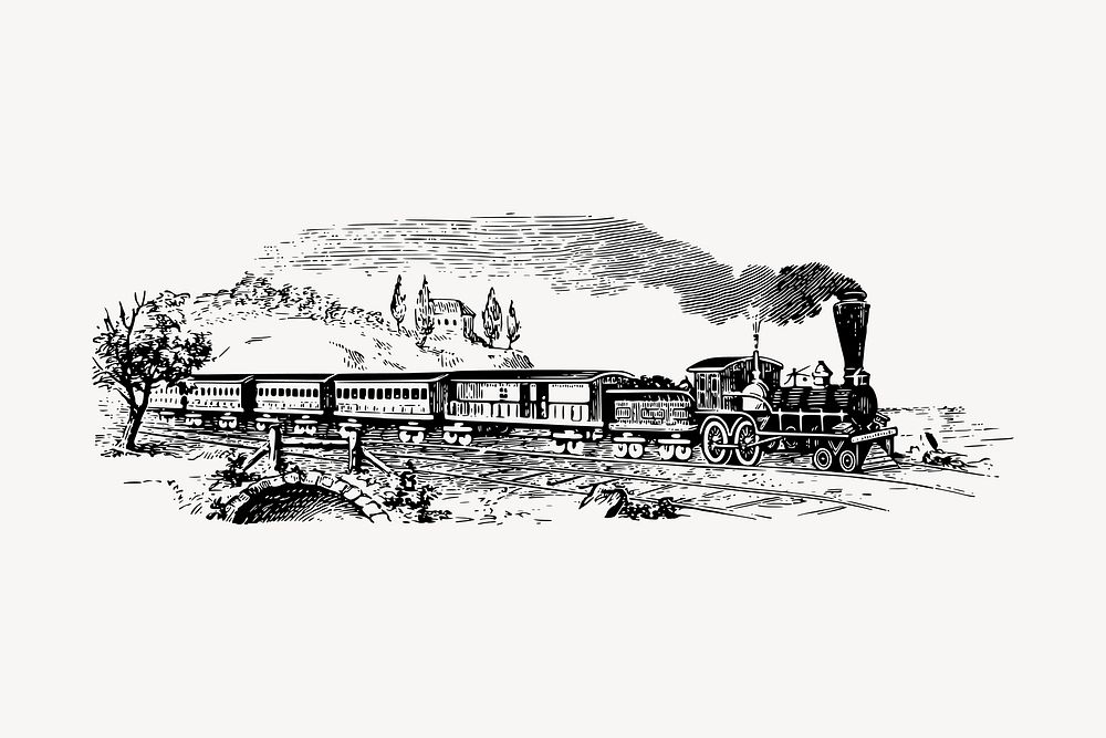 Steam locomotive hand drawn clipart, train illustration vector. Free public domain CC0 image.