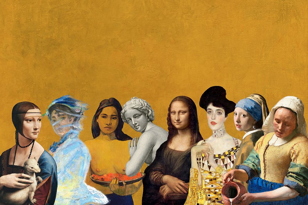Mona Lisa & famous women in painting background, Leonardo da Vinci & famous artists-inspired illustration