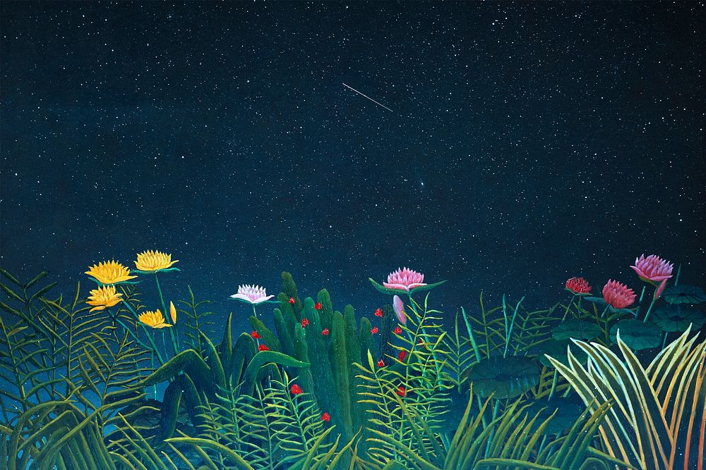 Henri Rousseau-inspired flower background, famous artwork, nature illustration