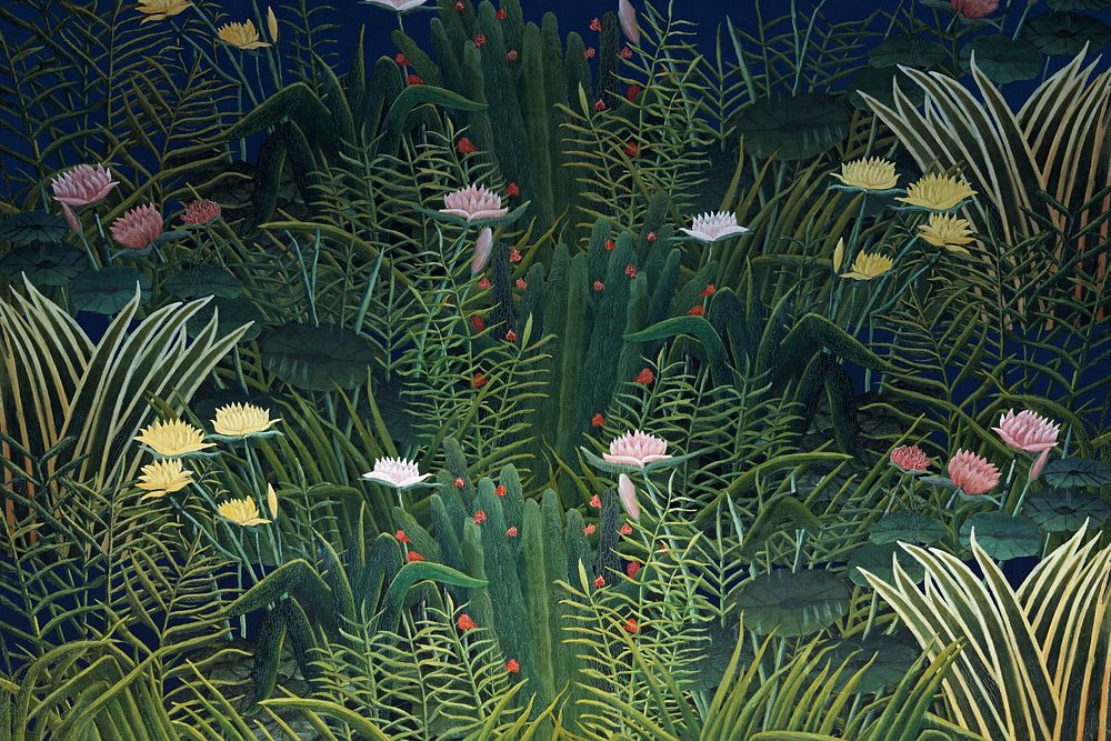 Henri Rousseau-inspired flower background, aesthetic vintage illustration