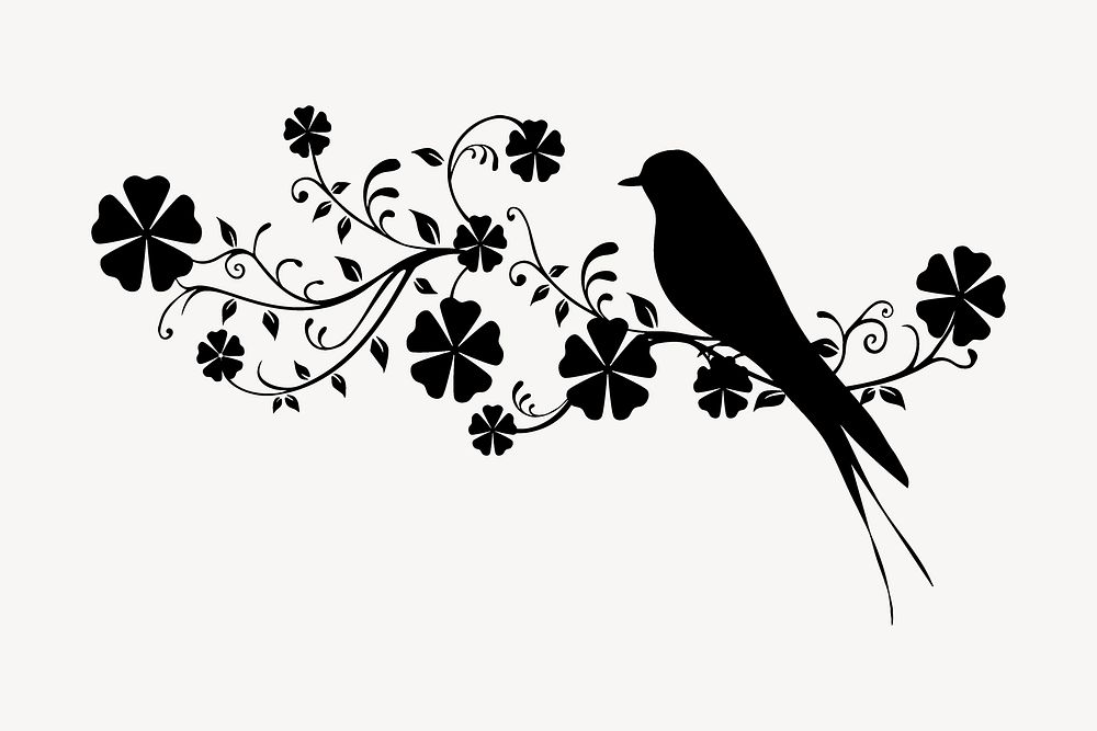 Floral bird silhouette clipart, animal illustration in black vector. Free public domain CC0 image.