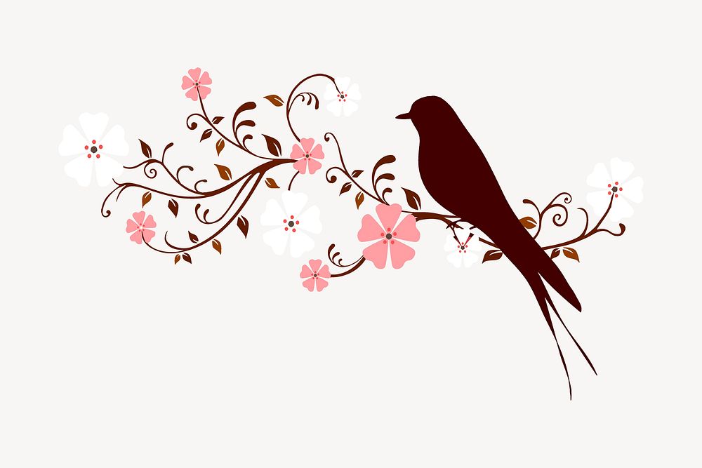 Floral bird silhouette collage element, animal illustration psd. Free public domain CC0 image.