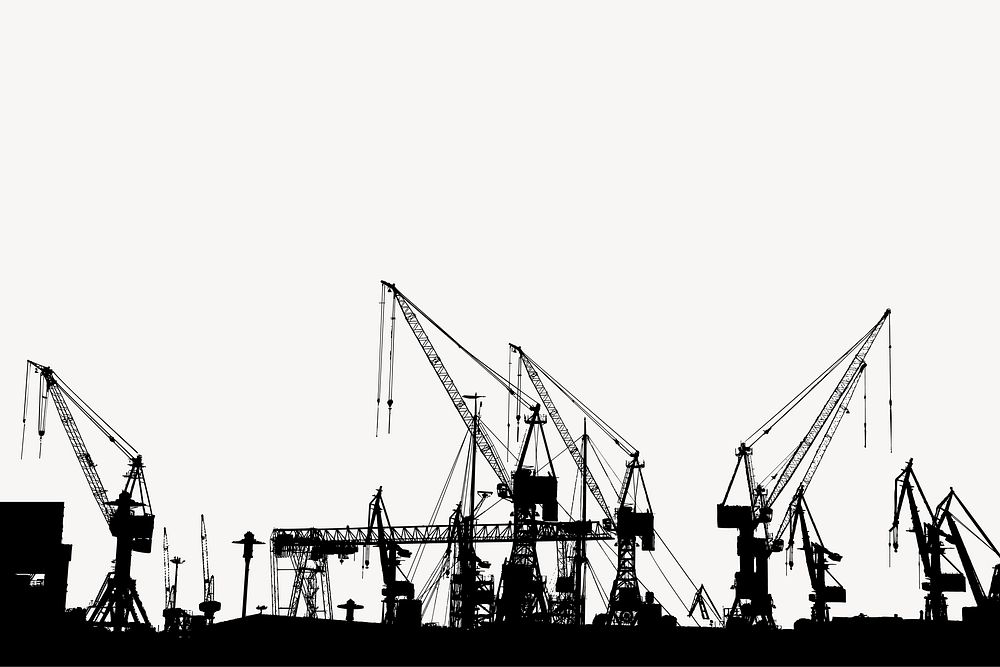 Dock cranes silhouette border, logistic illustration in black vector. Free public domain CC0 image.
