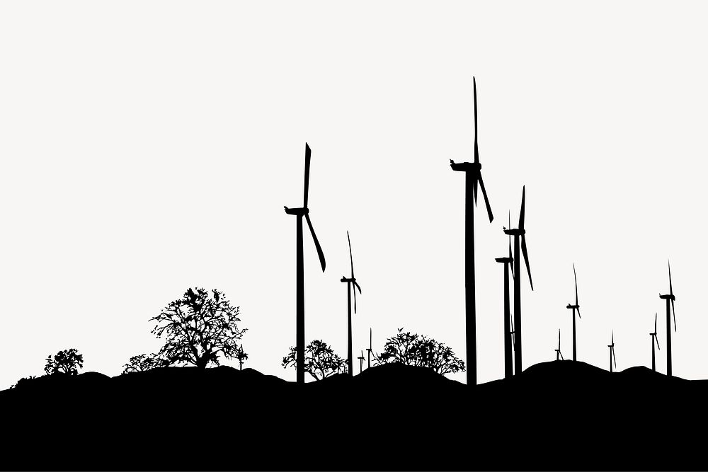 Wind power plant silhouette border, environment illustration in black vector. Free public domain CC0 image.