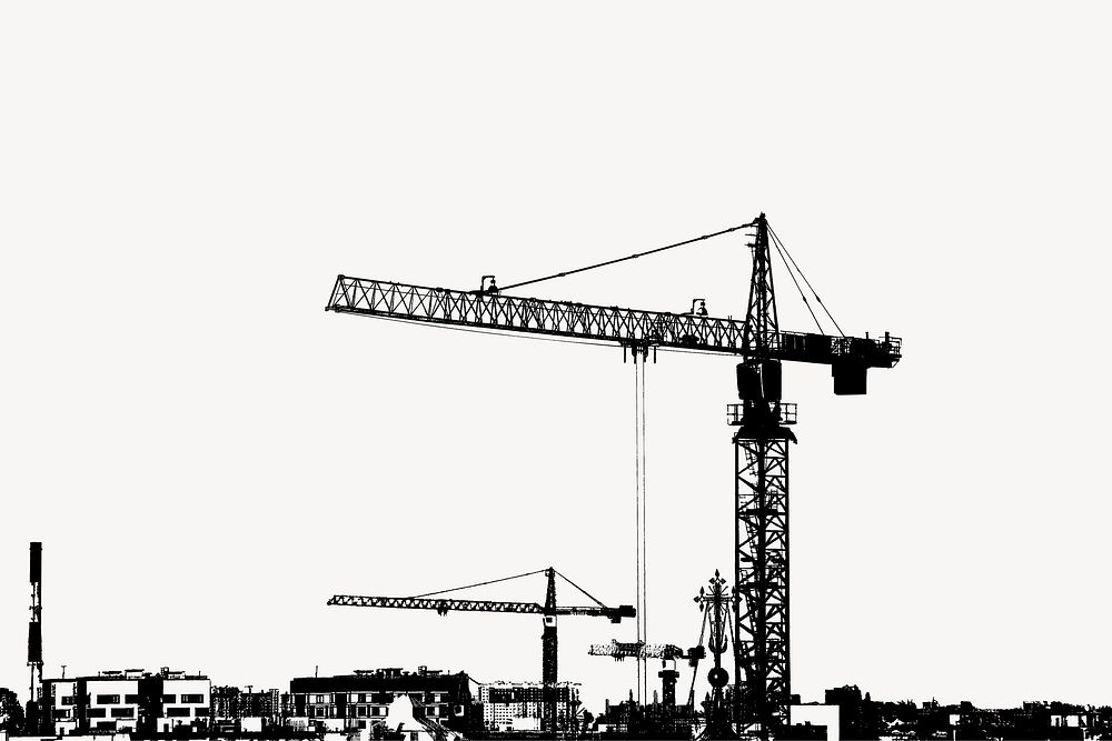Construction site silhouette clipart, crane illustration in black vector. Free public domain CC0 image.