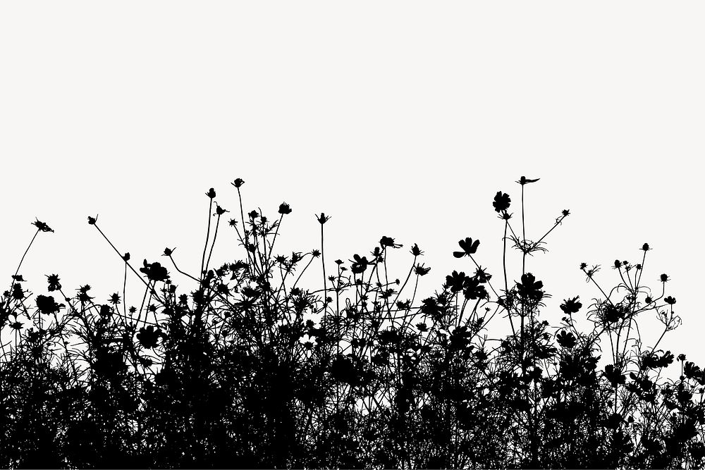 Flower bush silhouette border, nature illustration in black. Free public domain CC0 image.