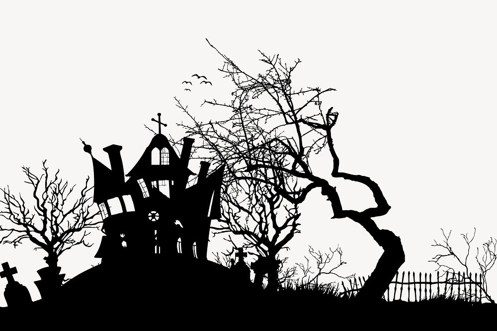 Haunted house  silhouette collage element, Halloween  illustration psd. Free public domain CC0 image.