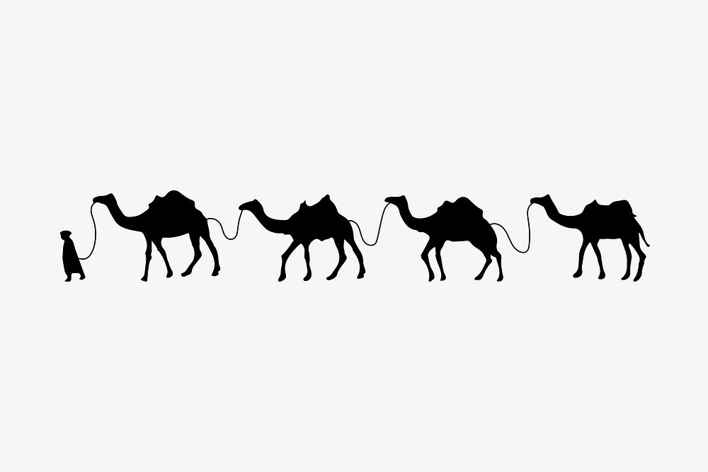 Camel train silhouette, animal illustration in black. Free public domain CC0 image.