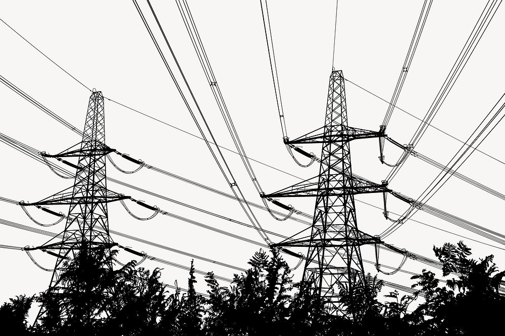 Transmission tower silhouette background, environment illustration in black. Free public domain CC0 image.
