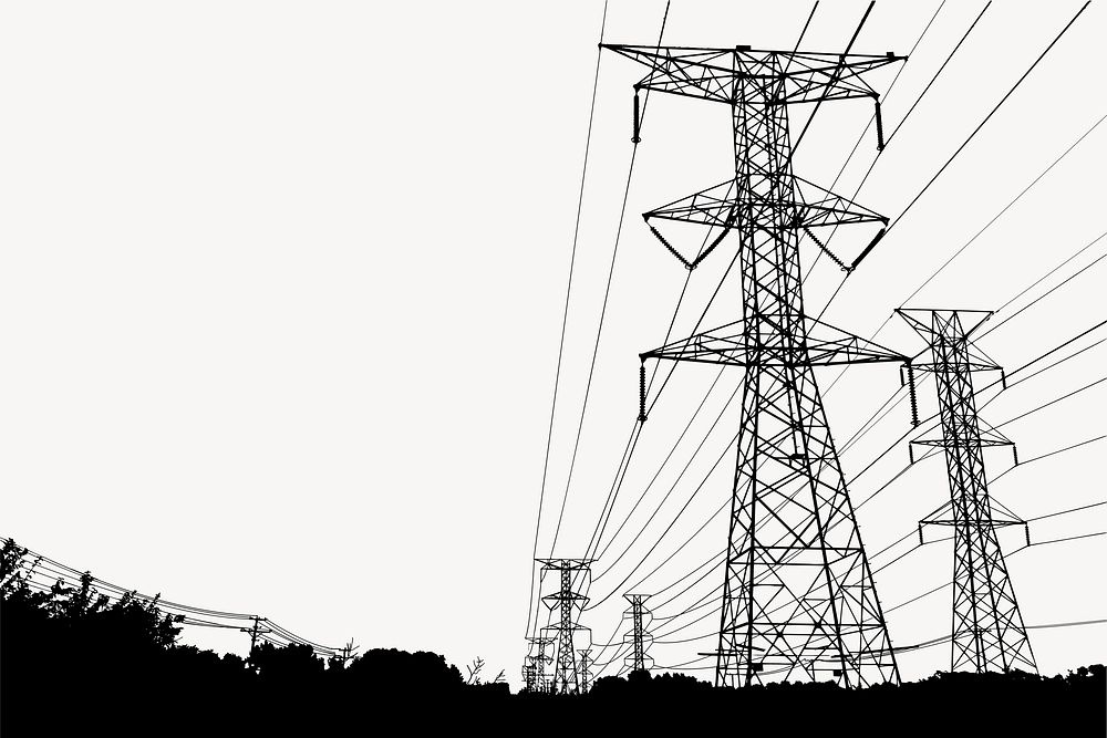 Transmission tower silhouette background, environment illustration in black vector. Free public domain CC0 image.