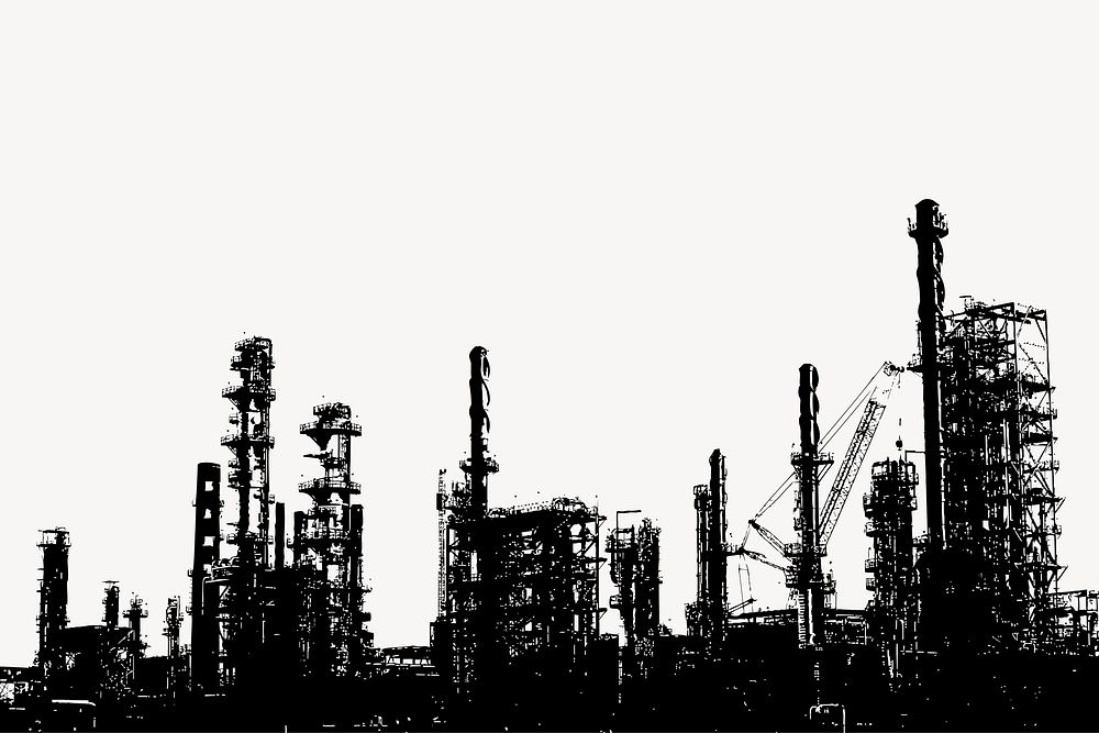 Oil refinery silhouette border, industrial illustration in black.