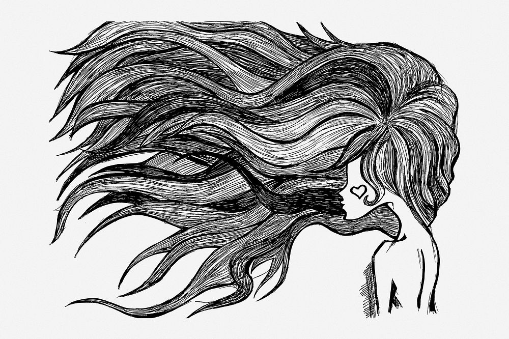 Flowing hair girl hand drawn illustration. Free public domain CC0 image.