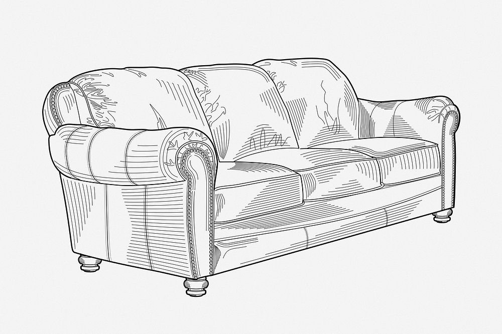 Three seat sofa hand drawn illustration. Free public domain CC0 image.