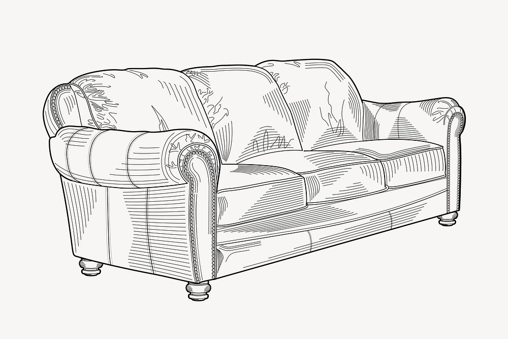 Three seat sofa hand drawn, illustration vector. Free public domain CC0 image.