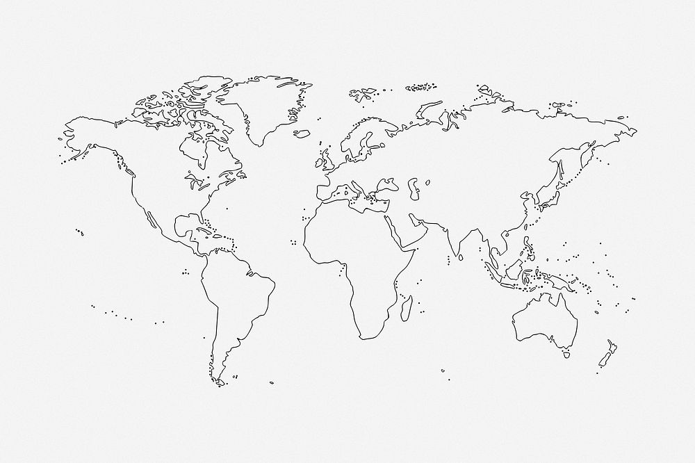World map line art, geography hand drawn illustration. Free public domain CC0 image.